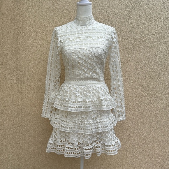 Self portrait white lace mock neck tiered skirt long sleeve dress